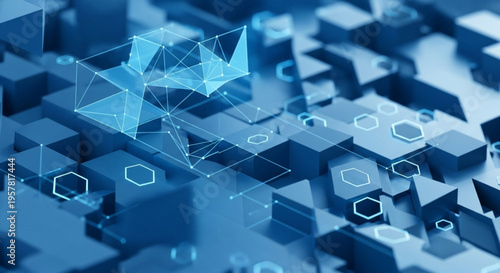 A futuristic 3D render of blue cubes and geometric structures with glowing wireframe connections, representing blockchain or cloud computing.