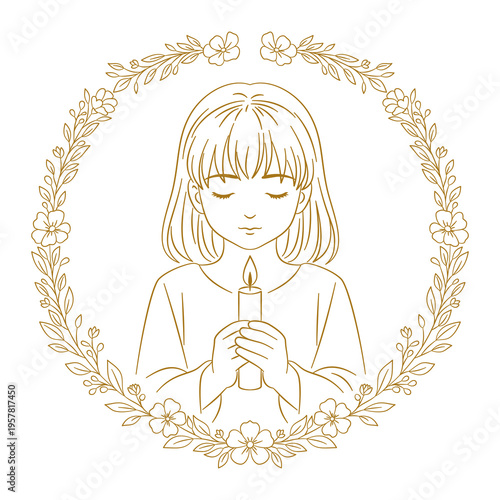 Dziecko w skupieniu i zadumie, trzymające zapaloną świecę, otoczone okrągłą ramką z kwiatów i liści. Grafika na zaproszenia komunijne, kartki wielkanocne, bożonarodzeniowe i religijne.