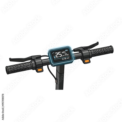 Digital Display Handlebars on an Electric Scooter Showing Speed and Time