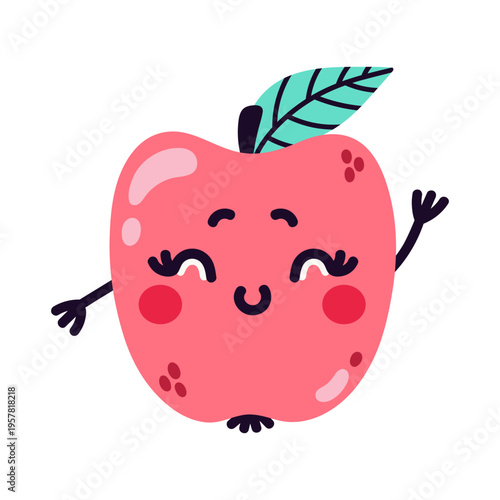 A cute red apple, vector illustration. Funny, friendly fruit with a smiling face. Hand drawn cartoon clip art, kawaii. Happy character, symbol of education, healthy lifestyle. Mascot with a leaf, stem