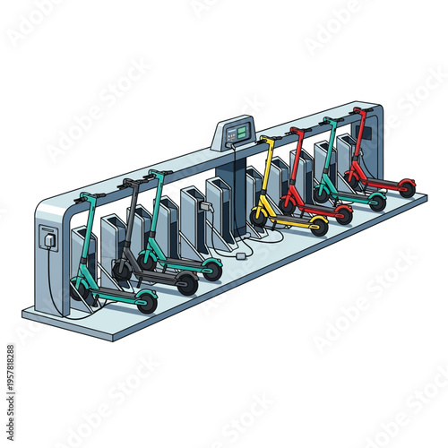 Electric Scooter Charging Station with Multiple Vehicles Docked for Rental and Power