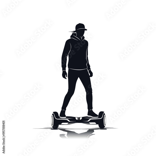 Silhouette of a young person wearing a baseball cap and hoodie riding a self-balancing scooter on a white background with reflection