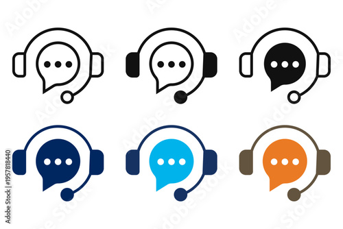 Collection of Customer support icon set with headset and speech bubble concept of Online help service, call center communication, agent, hotline, client assistance, technical support, customer care