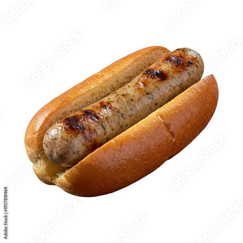 Photos A perfectly grilled, juicy bratwurst sausage, seasoned with herbs and spices, served in a lightly toasted