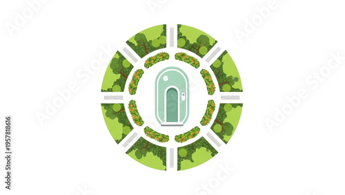 Circular park design with outdoor toilet facility and surrounding greenery