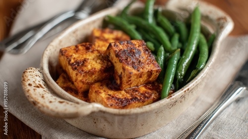 Crispy Baked Tofu Cubes With Steamed Green Beans in an Oval Dish image photo
