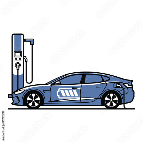 Modern electric sedan with battery symbol charging at a charging station, eco-friendly transportation concept