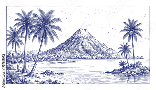 Tropical landscape illustration with volcano mountain palm trees and coastal bay in detailed engraving style