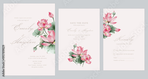 Wedding invitation suite featuring watercolor-style pink lotus flowers and green lily pads on a soft pink background