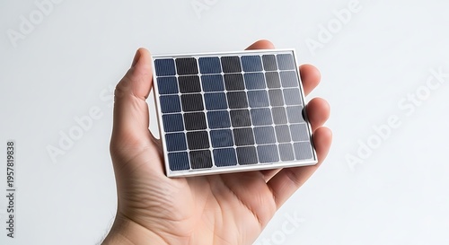 Close-up of a hand holding a small, portable solar panel with multiple cells.