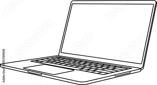 Open Laptop Computer Line Drawing Blank Screen Keyboard Detail Isolated on White Minimalist Vector