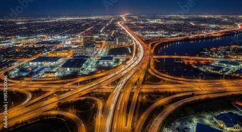 Illuminated Cityscape Crossroads At Dusk With Streaking Light Trails