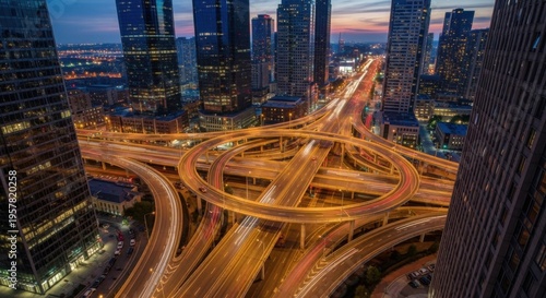 Illuminated Cityscape Highways And Skyscrapers At Dusk