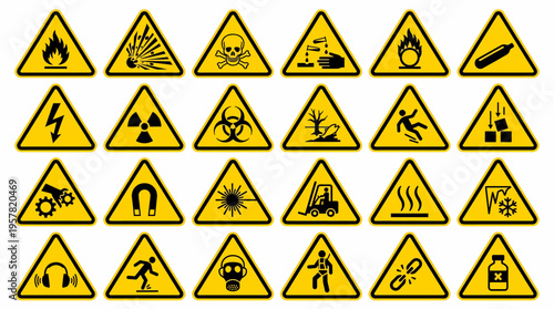 Warning Hazard Safety Signs Collection Industrial Pictograms for Workplace Protection Alert Symbols
