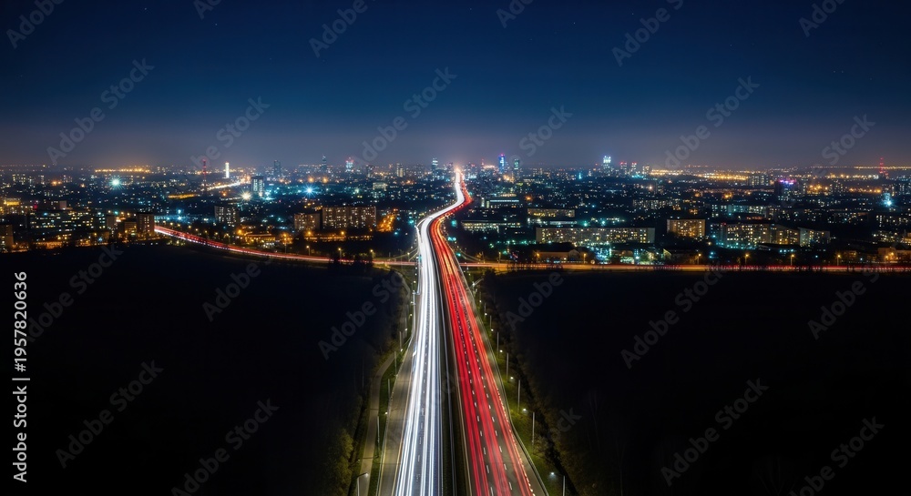 Fototapeta premium Illuminated Cityscape With Streaking Light Trails On Highway At Night