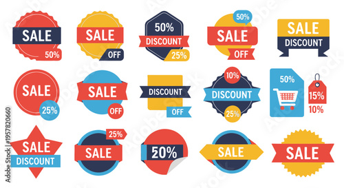 Colorful sale badges and labels for promotional advertising and retail