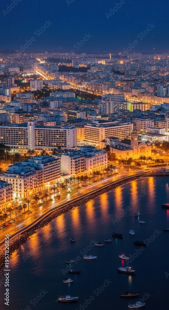 Naklejka premium Illuminated Coastal Cityscape At Dusk With Harbor Activity