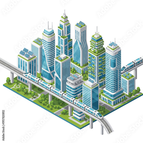 Modern futuristic city skyline with sustainable skyscrapers and advanced public transport system