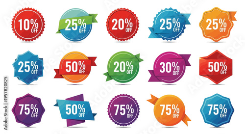 Colorful sale badges with percentage discounts for retail and promotions