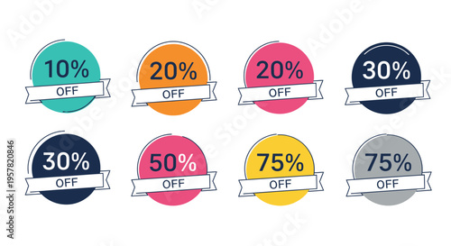 Colorful sale badges with percentage discounts for retail promotions