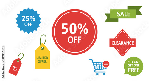 Colorful sale badges with percentage discounts for retail promotions