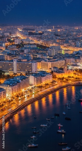 Illuminated Coastal Cityscape At Dusk With Harbor Activity