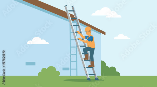 Construction Worker Climbing a Ladder on the Side of a House Outdoors