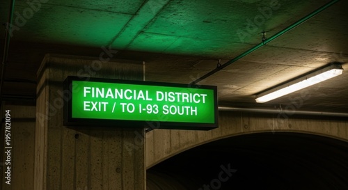 Illuminated Financial District Exit Signage Leading To Interstate Highway Guidance