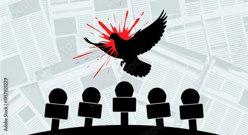 The price of peace a bloodied dove silhouetted against newspapers and microphones, symbolizing the cost of spreading truth in a world of media
