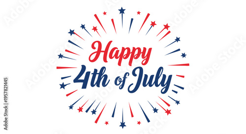Happy 4th of July Greeting Card Design with Fireworks and Stars on White Background