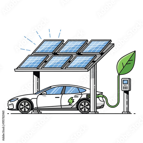 Illustration of a futuristic electric car charging with solar energy, symbolizing sustainable transportation and renewable power