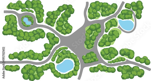 Top-down aerial view vector illustration of a green park landscape design featuring winding roads, lush trees, and three serene blue ponds, ideal for urban planning and map graphics.