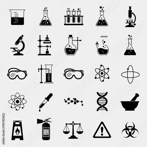 Black science and chemistry icons set.