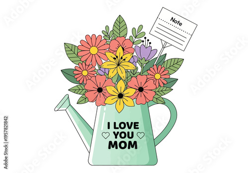 Mother's Day Illustration of a Watering Can with Colorful Flower Bouquet and Note Card, I Love You Mom Greeting Card Design