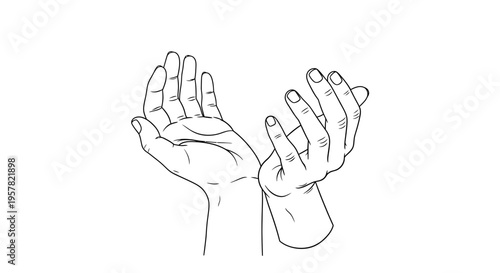 Outlined hands reaching upward on white background conceptual composition