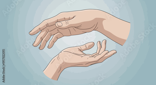 Two hands reaching towards each other on a simple blue background