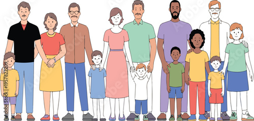 Set of multicultural families with parents and children mom dad son and daughter family portraits collection vector illustration
