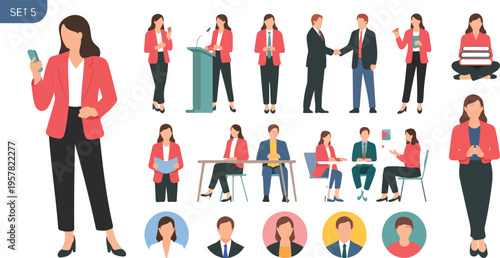 Businesswoman character collection with office employee in different poses actions and gestures including meeting meditation and podium speech