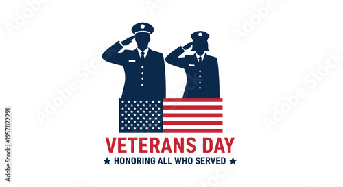 Veterans Day Illustration with Saluting Military Silhouettes and American Flag - Honoring All Who Served Patriotic Graphic