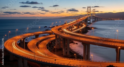 Illuminated Highway Interchange At Twilight With Flowing Traffic Lights