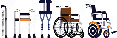 Assistive Accessories for Mobility Support, Elderly and Disabled Care Tools, Wheelchair Rehabilitation Equipment, Orthopedic Recovery Vector Set