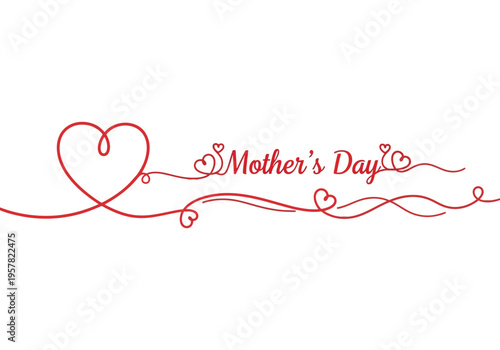 Elegant Mother's Day Typography with Continuous Line Art Red Heart on White Background