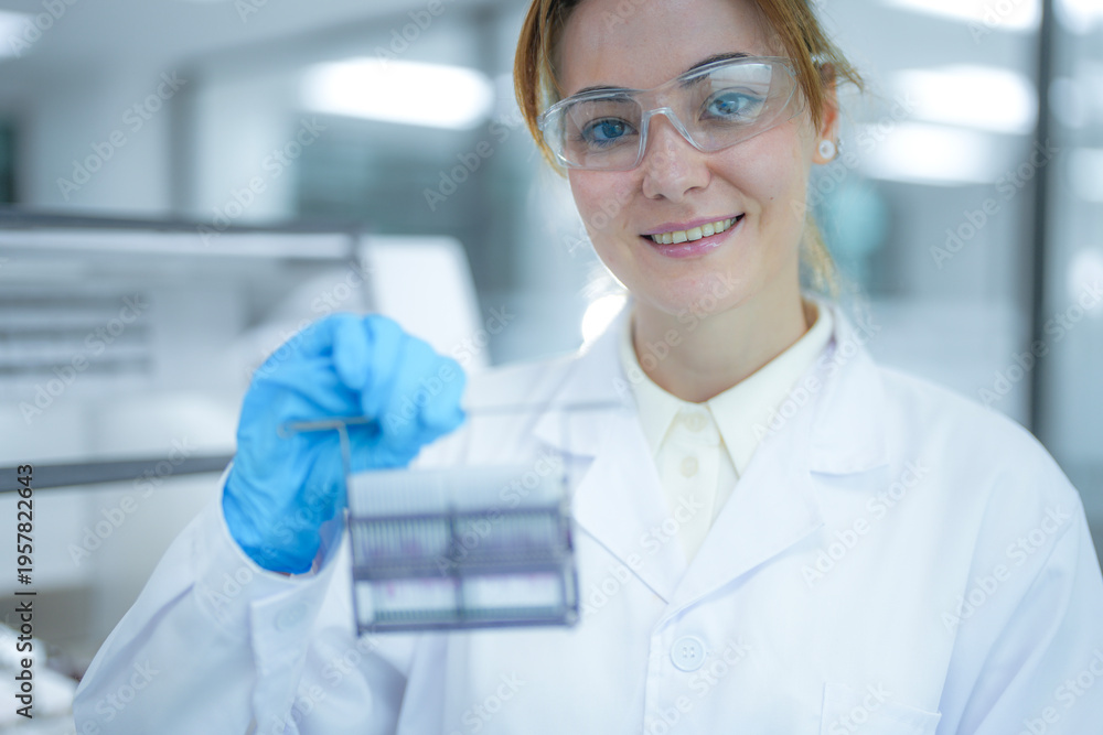 Fototapeta premium Portrait of a smiling female scientist holding a rack of microscope slides near an automated staining machine. Professional researcher preparing tissue samples for medical pathology diagnosis.