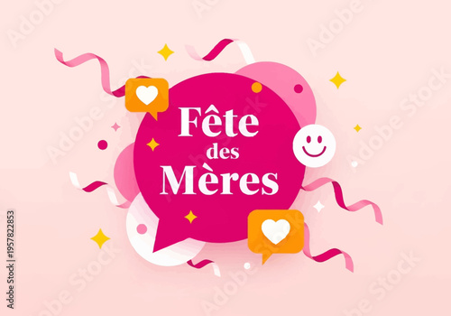 French Mother's Day Greeting Graphic - Fête des Mères Typography Design with Hearts and Ribbons on Pink Background