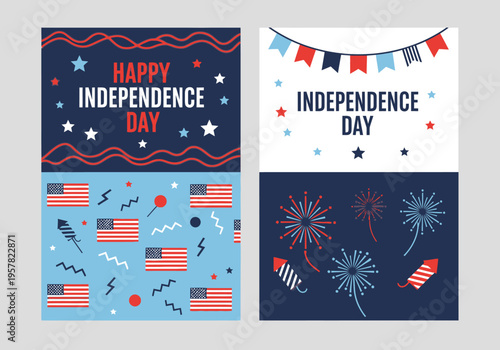 Set of Two 4th of July Independence Day Greeting Cards or Posters with American Flags, Fireworks, Stars, and Bunting in Red White and Blue Vector Illustration