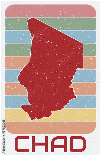 Chad vintage logo. Shape of the country on retro colored stripes background. Chad map design with grunge scratch texture. Vector illustration.
