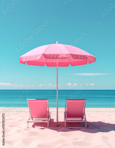Pink beach umbrella with two lounge chairs on sandy beach, summer vacation concept