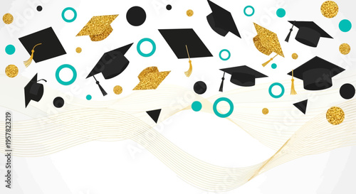 Graduation Celebration Background with Tossing Mortarboards, Gold Glitter Confetti and Abstract Waves for Commencement Ceremony and Educational Achievement
