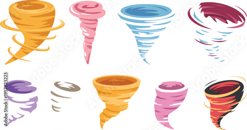 Colorful Tornado Vector Set with Twisted Wind Effects, Storm Swirls, Cartoon Vortex Spirals, Bright Magic Whirlwind Funnels Collection