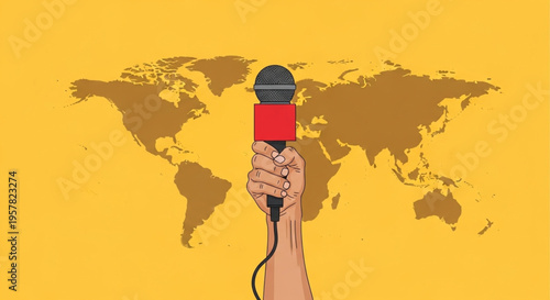  World Press Freedom Day Global news reporting concept with a hand holding a microphone against a world map background, symbolizing international journalism and communication